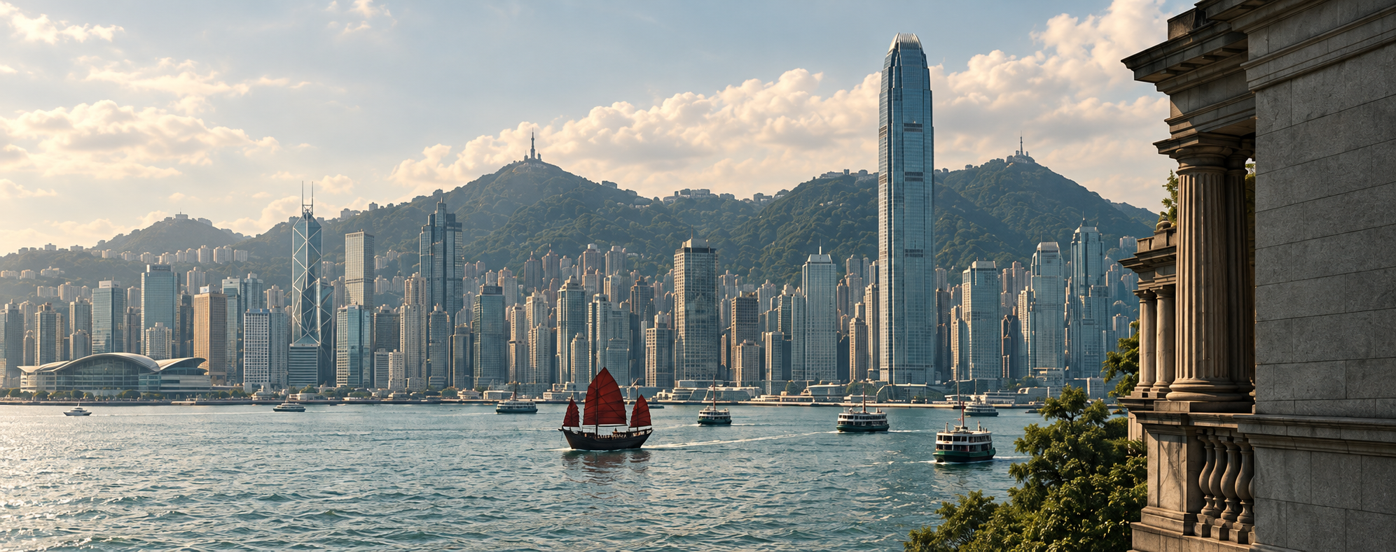 An imagined harbour view: Hong Kongu2019s skyline, a red-sailed junk and a stone colonnade